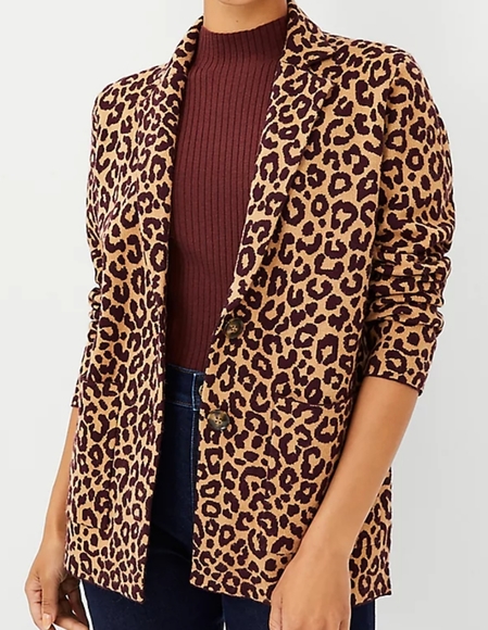 ANN TAYLOR Eastern Camel Leopard Print Sweater Blazer - Picture 3 of 9